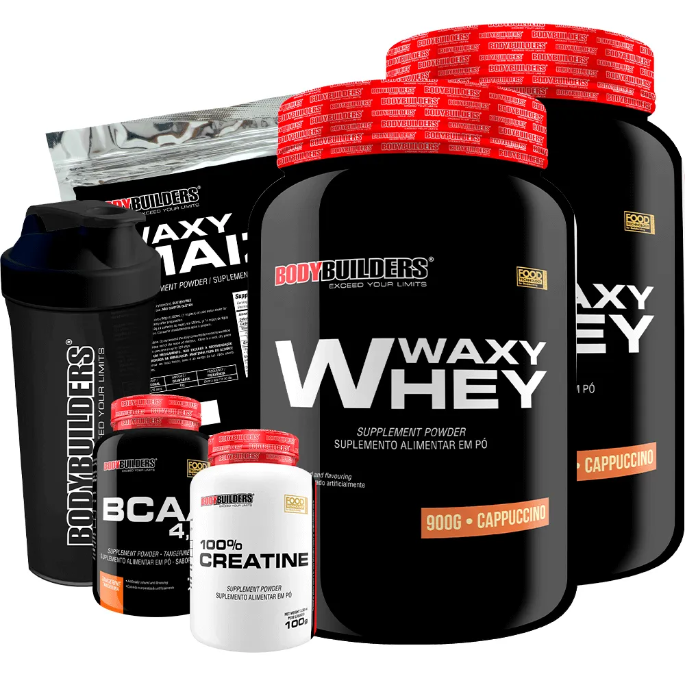 Kit 2x Whey Protein Waxy Whey 900g + Bcaa 4.5 100g + Power Creatina 100g + Waxy Maize 800g + Coque. Cappuccino