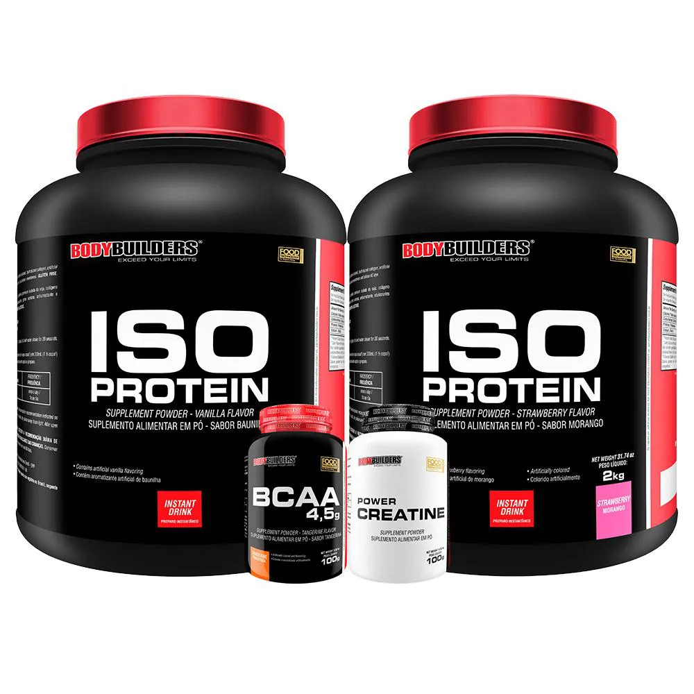 Kit 2x Iso Protein 2kg + Creatina 100g + Bcaa100g - Bodybuilders Sabor Morango