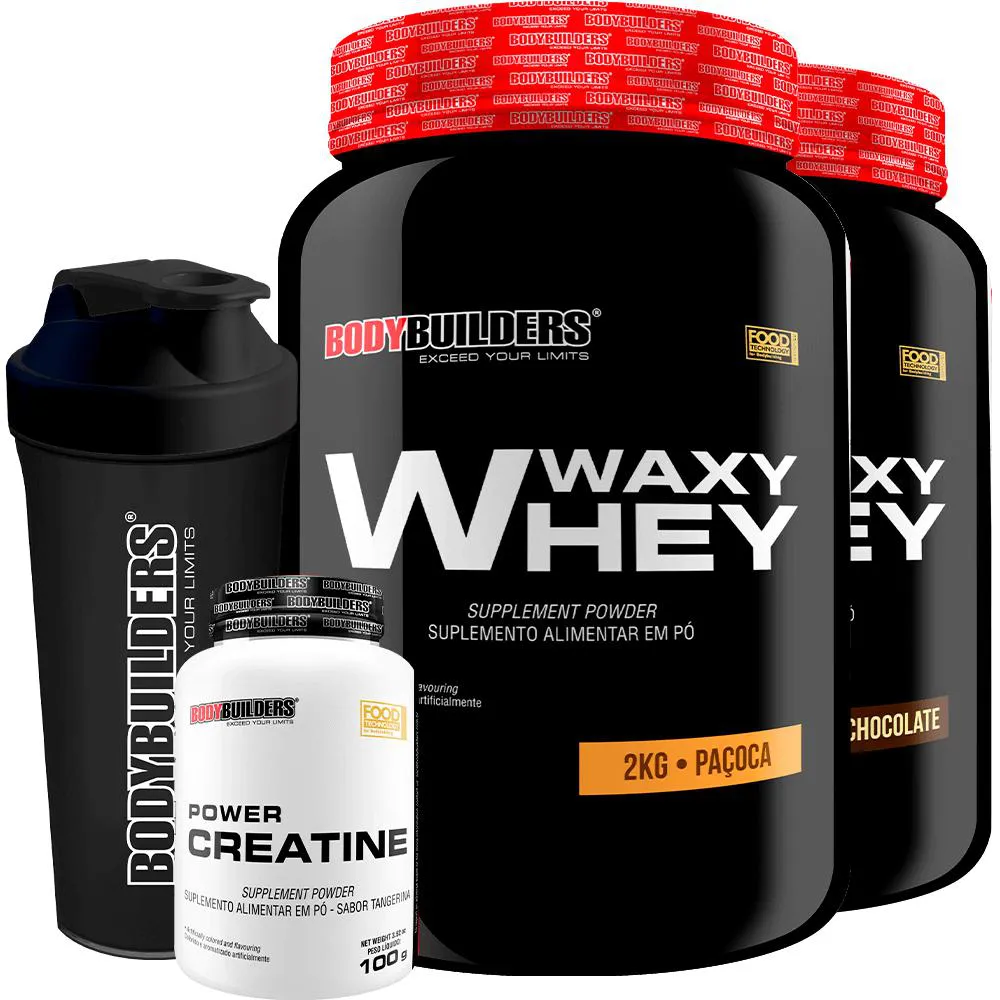 Kit 2x Waxy Whey 2kg + Power Creatina 100g + Coqueteleira - Bodybuilders Chocolate e Paçoca