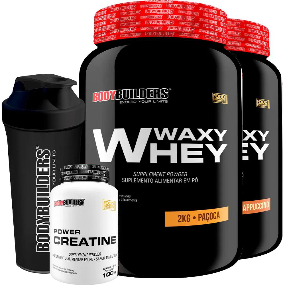 Kit 2x Waxy Whey 2kg + Power Creatina 100g + Coqueteleira - Bodybuilders Cappuccino e Paçoca