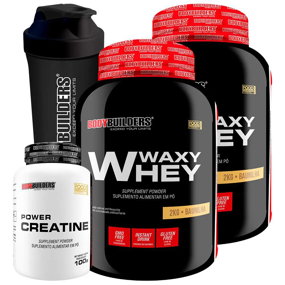 Kit 2x Waxy Whey 2kg + Power Creatina 100g + Coqueteleira - Bodybuilders Morango