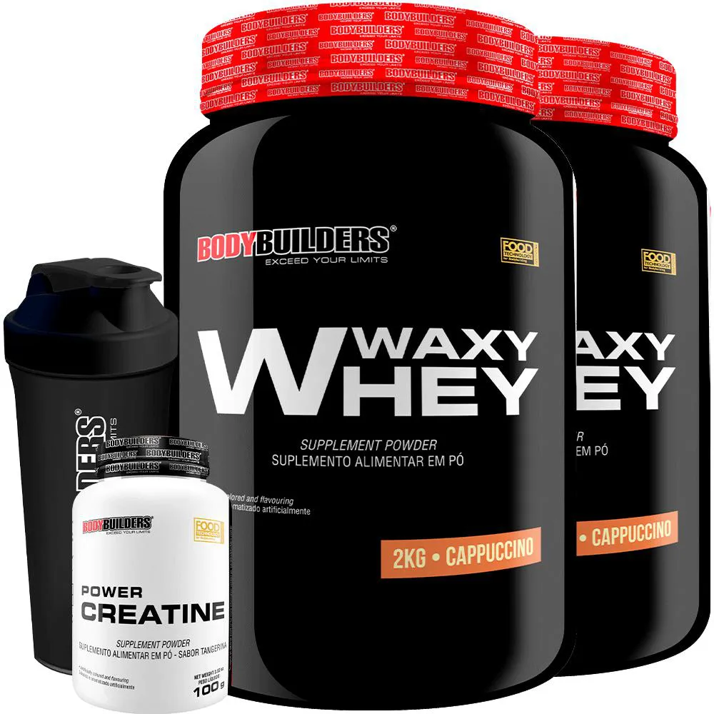 Kit 2x Waxy Whey 2kg + Power Creatina 100g + Coqueteleira - Bodybuilders Cappuccino