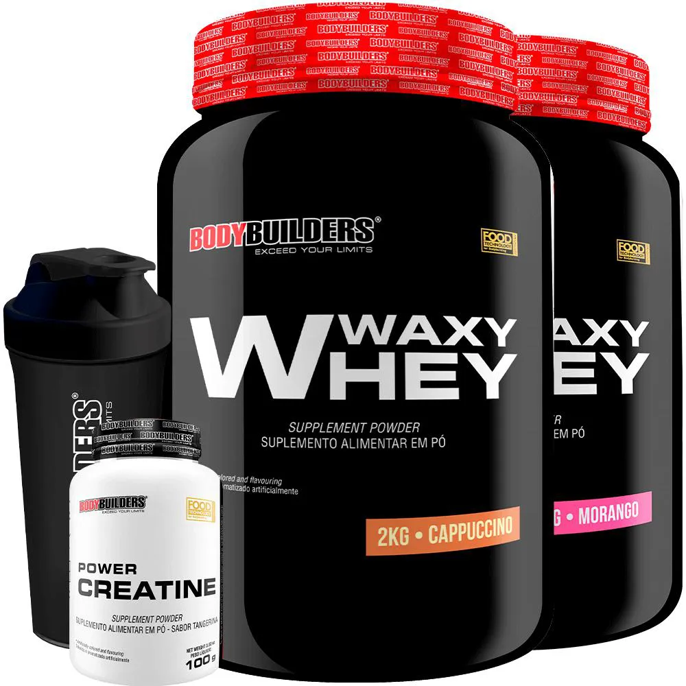 Kit 2x Waxy Whey 2kg + Power Creatina 100g + Coqueteleira - Bodybuilders Cappuccino e Morango