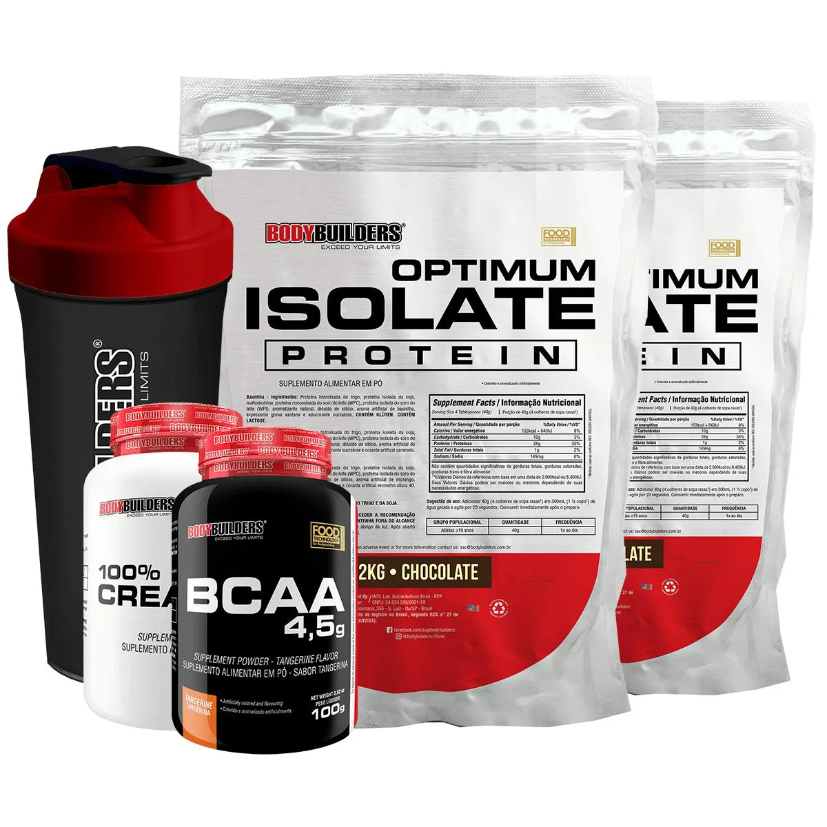 Kit 2x Optimum Isolate Whey Protein 2kg + Creatina 1000g + Bcaa 100g + Coqueteleira Sabor Chocolate - Bodybuilders