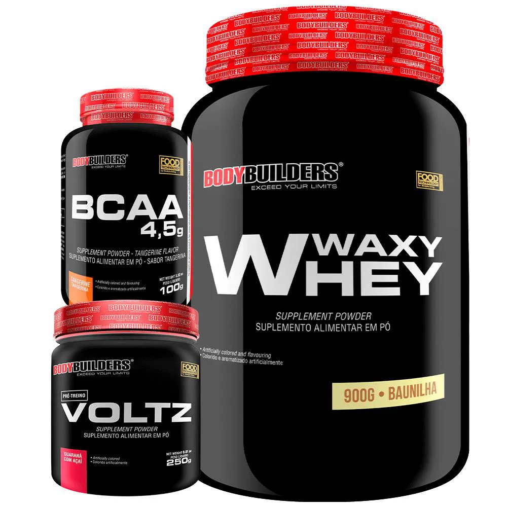 Kit Waxy Whey (35%) 900g + Bcaa 100g + Pré Treino - Bodybuilders Baunilha