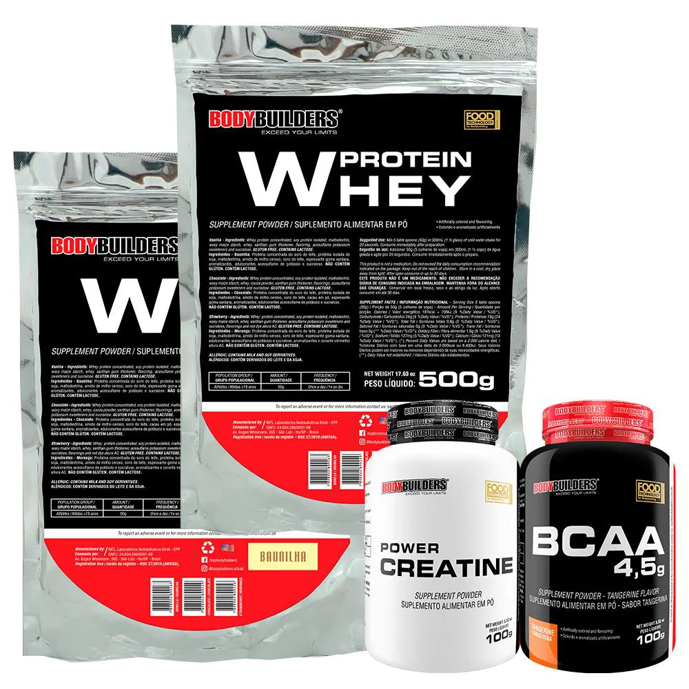 Kit 2x Whey Protein 500g + Bcaa 100g Tangerina + Power Creatina 100g - Bodybuilders Sabor Baunilha