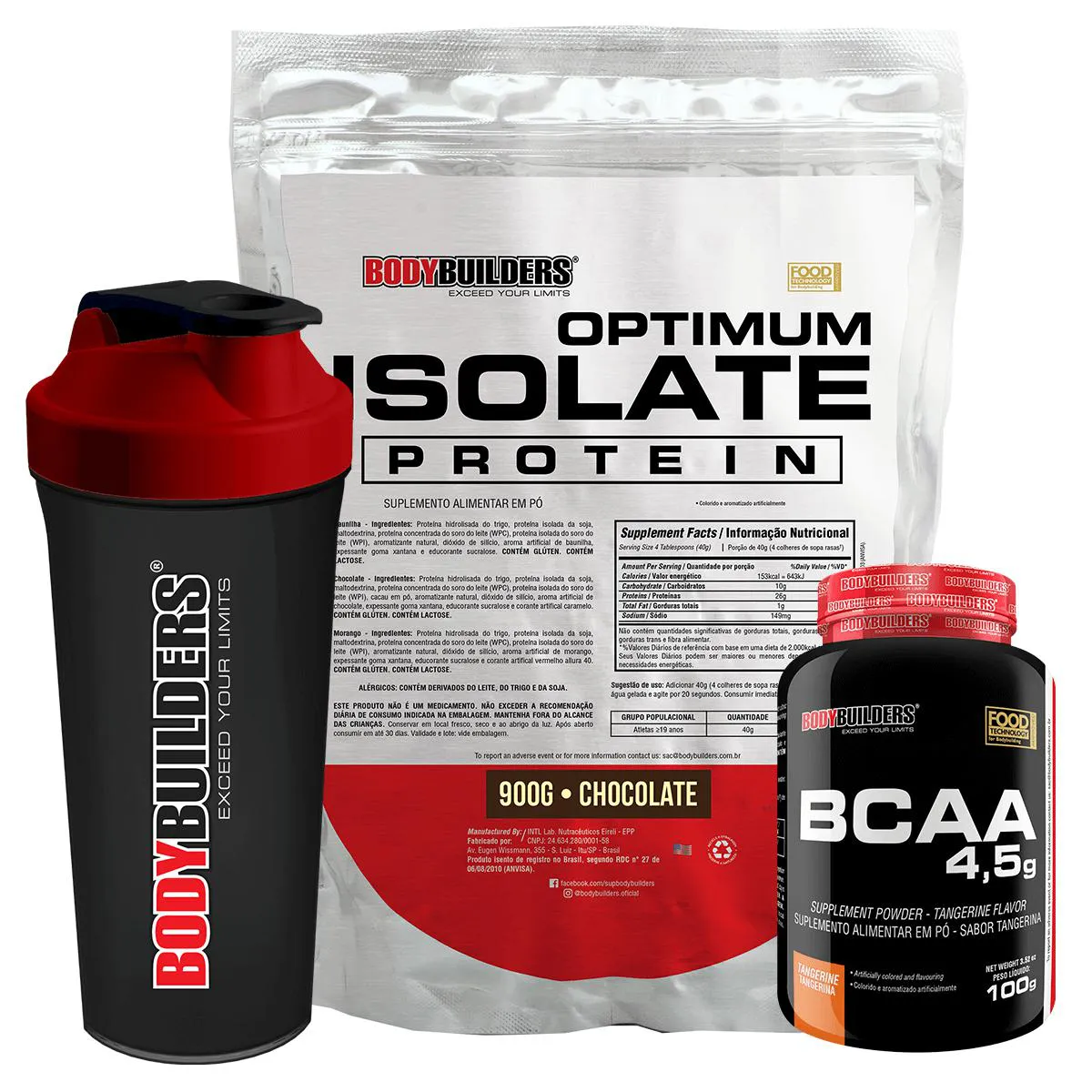 Kit Optimum Isolate Whey Protein 900g + Bcaa 100g + Coqueteleira Sabor Chocolate - Bodybuilders