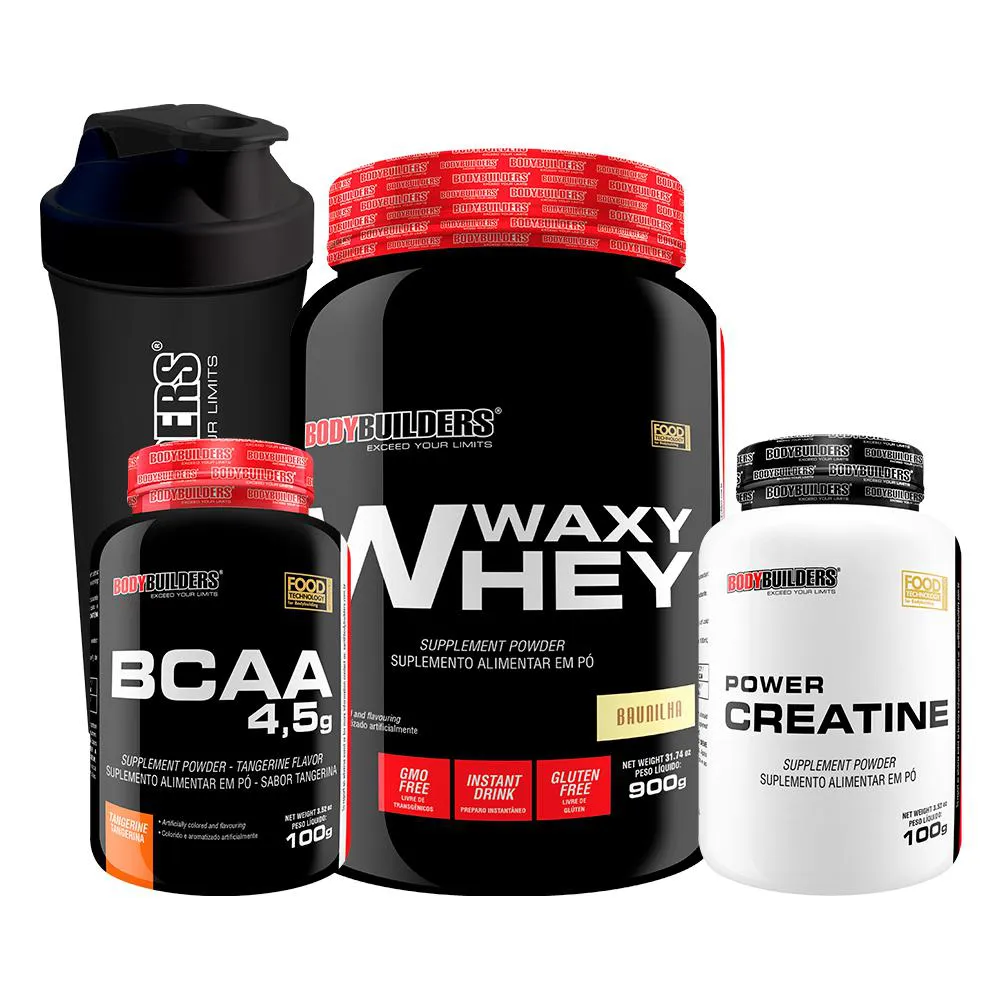Kit Waxy Whey 900g + Power Creatina 100g + Bcaa 100g + Coqueteleira - Bodybuilders Baunilha