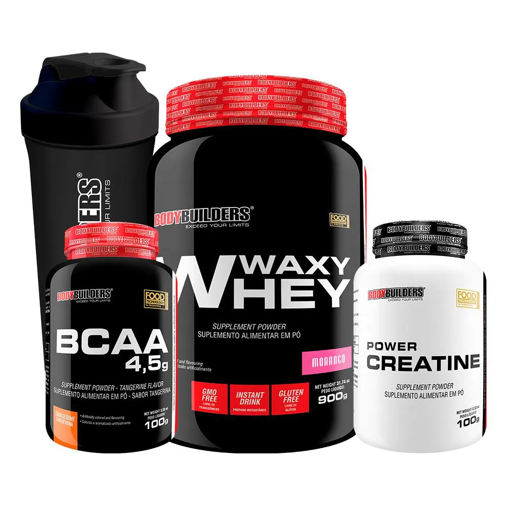 Kit Waxy Whey 900g + Power Creatina 100g + Bcaa 100g + Coqueteleira - Bodybuilders Morango