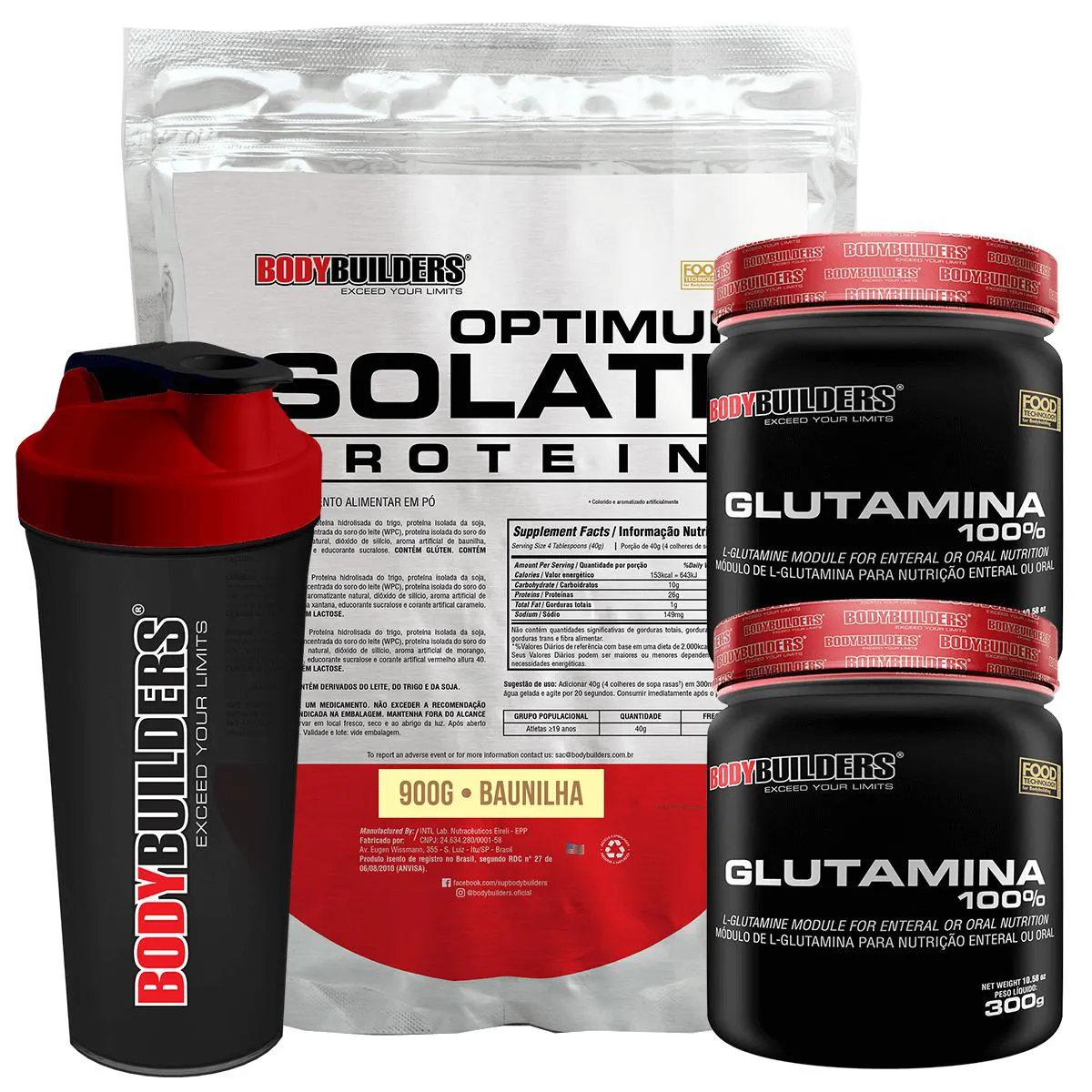 Kit Optimum Isolate Whey Protein 900g + 2x Glutamina 300g + Coqueteleira Sabor Baunilha - Bodybuilders