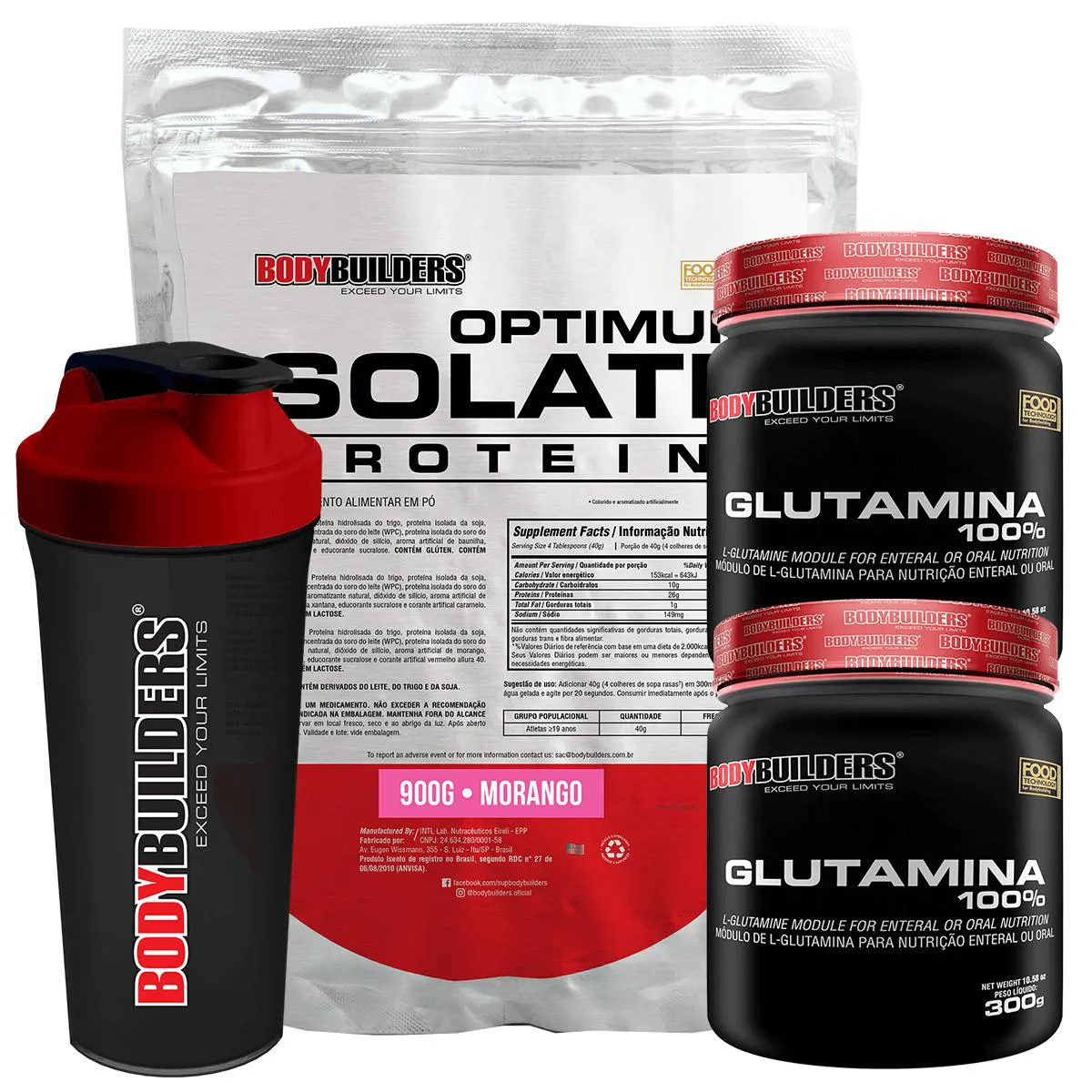 Kit Optimum Isolate Whey Protein 900g + 2x Glutamina 300g + Coqueteleira Morango - Bodybuilders