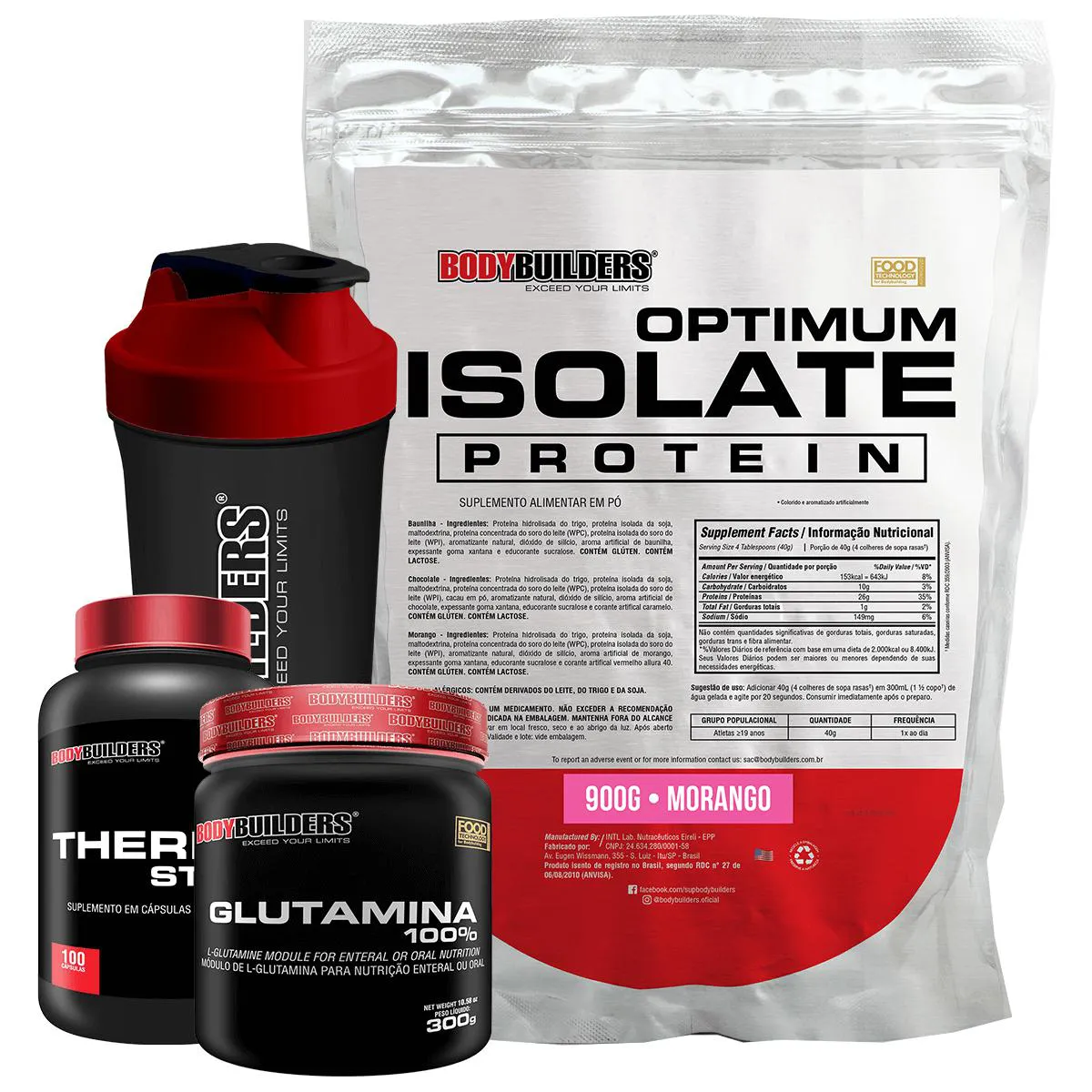 Kit Optimum Isolate Whey Protein 900g + Thermo Start 100 cápsulas + Glutamina 300g + Coqueteleira Sabor Morango - Bodybuilders
