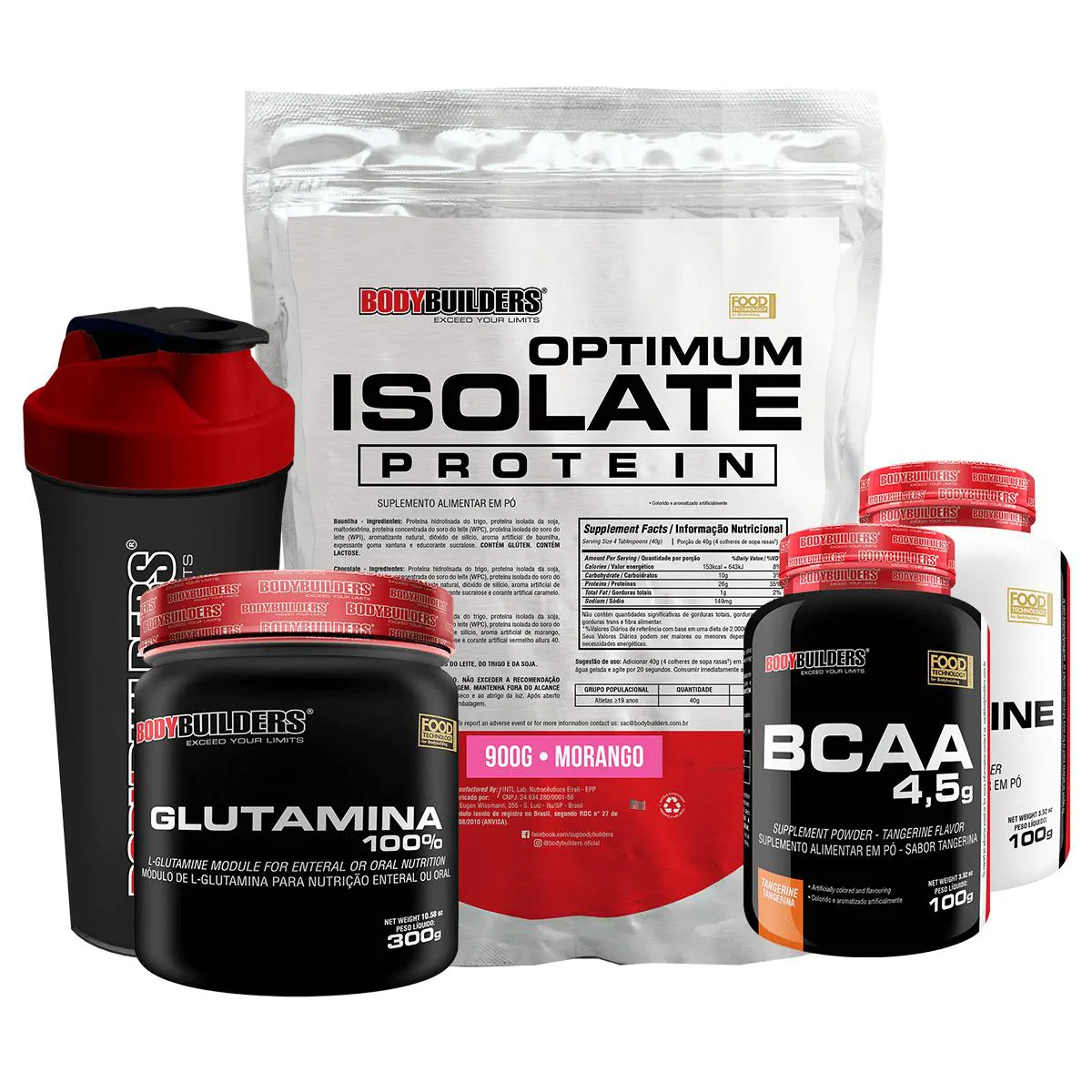 Kit Optimum Isolate Whey Protein 900g +bcaa 100g +creatina 100g +glutamina 300g + Coqueteleira Sabor Morango - Bodybuilders