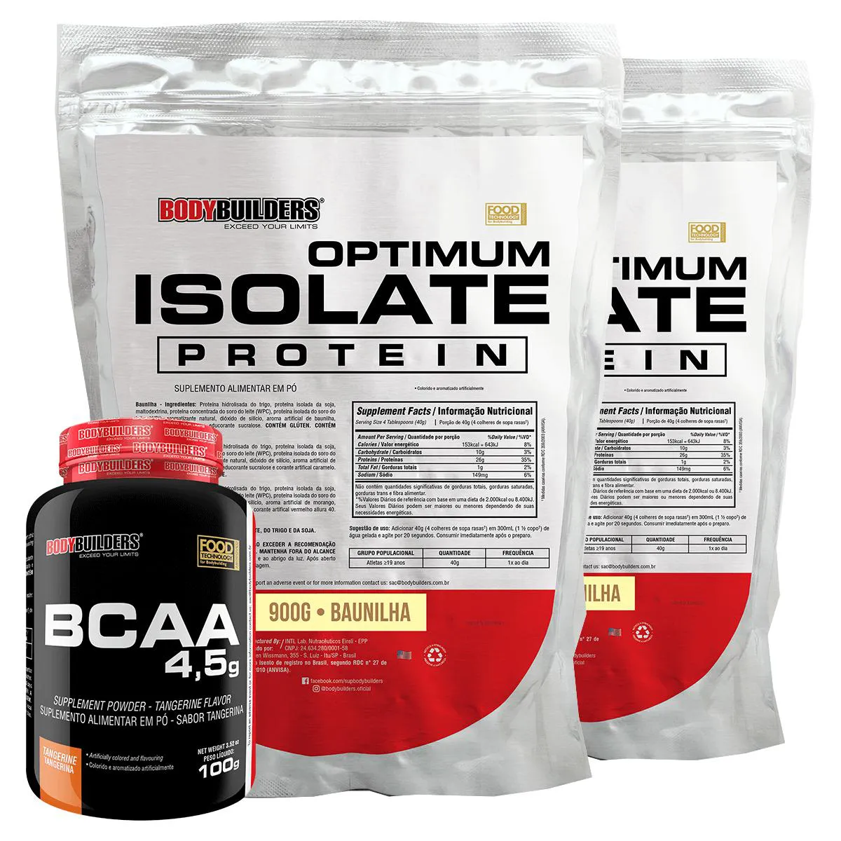 Kit 2x Optimum Isolate Whey Protein 900g + Bcaa 100g - Bodybuilders Sabor Baunilha