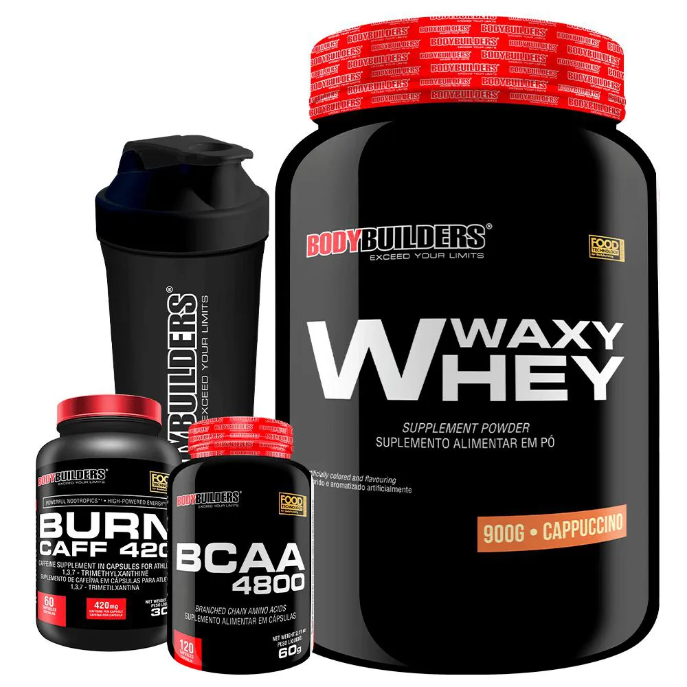 Kit Waxy Whey 900g + Bcaa 4800 120 cápsulas + Pré Treino 60 cápsulas + Coqueteleira - Bodybuilders Cappuccino