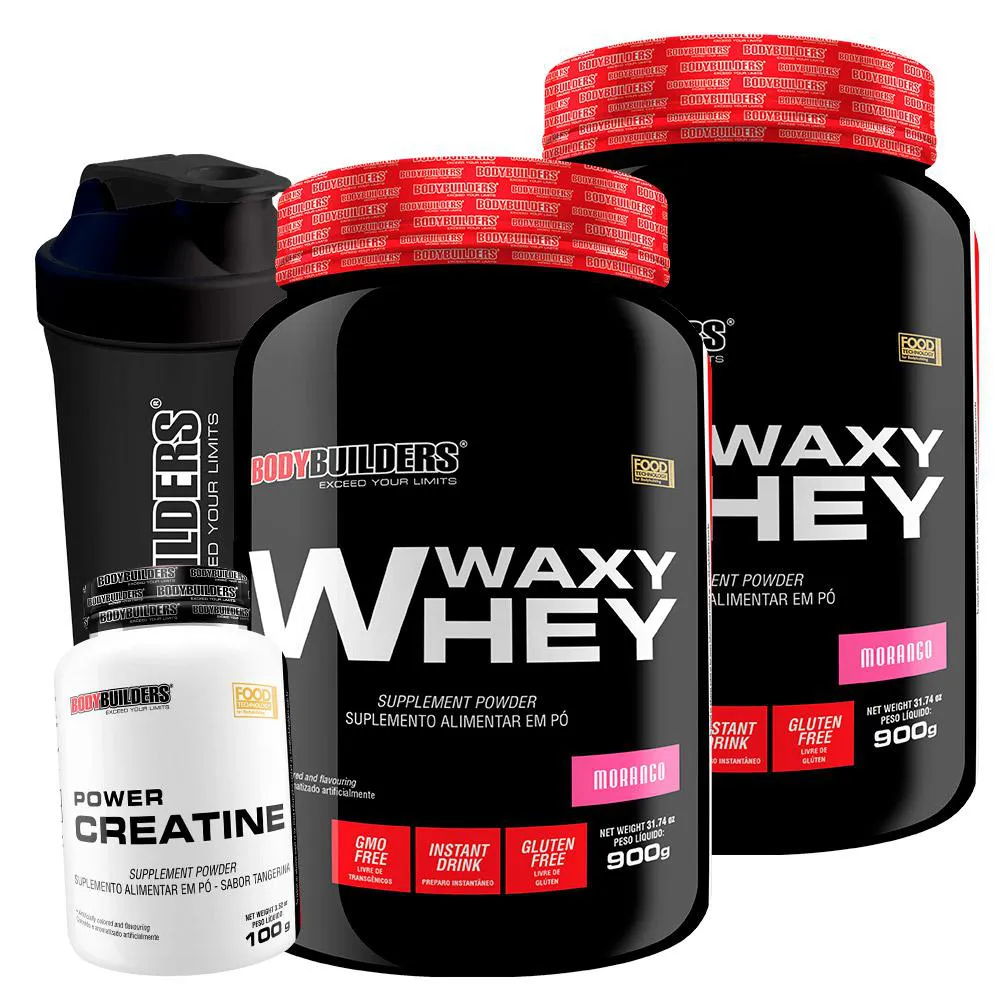Kit 2x Whey Protein Waxy Whey 900g + Power Creatina 100g + Coqueteleira - Bodybuilders Morango