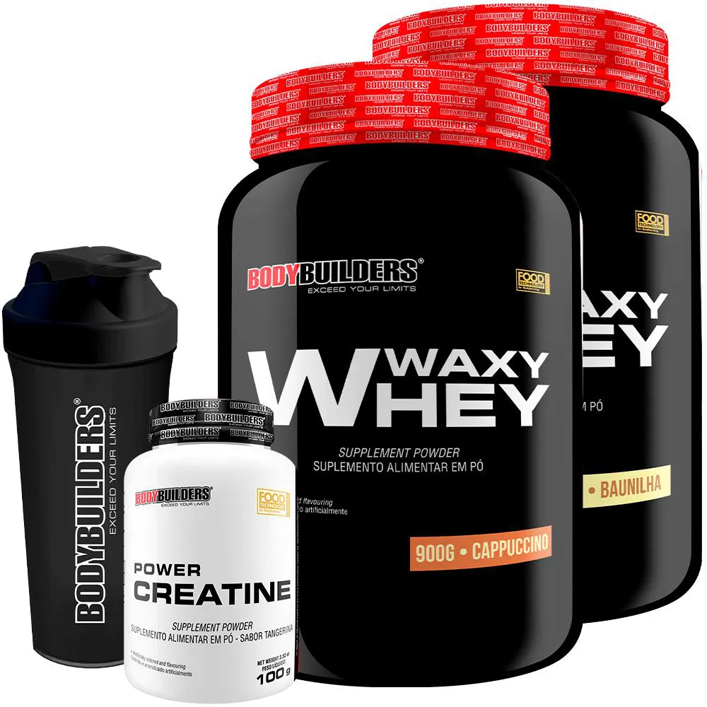 Kit BodyBuilder Whey Protein Waxy Whey Baunilha e Cappuccino 900g 2 unidades + Creatina Power 100g + Coqueteleira