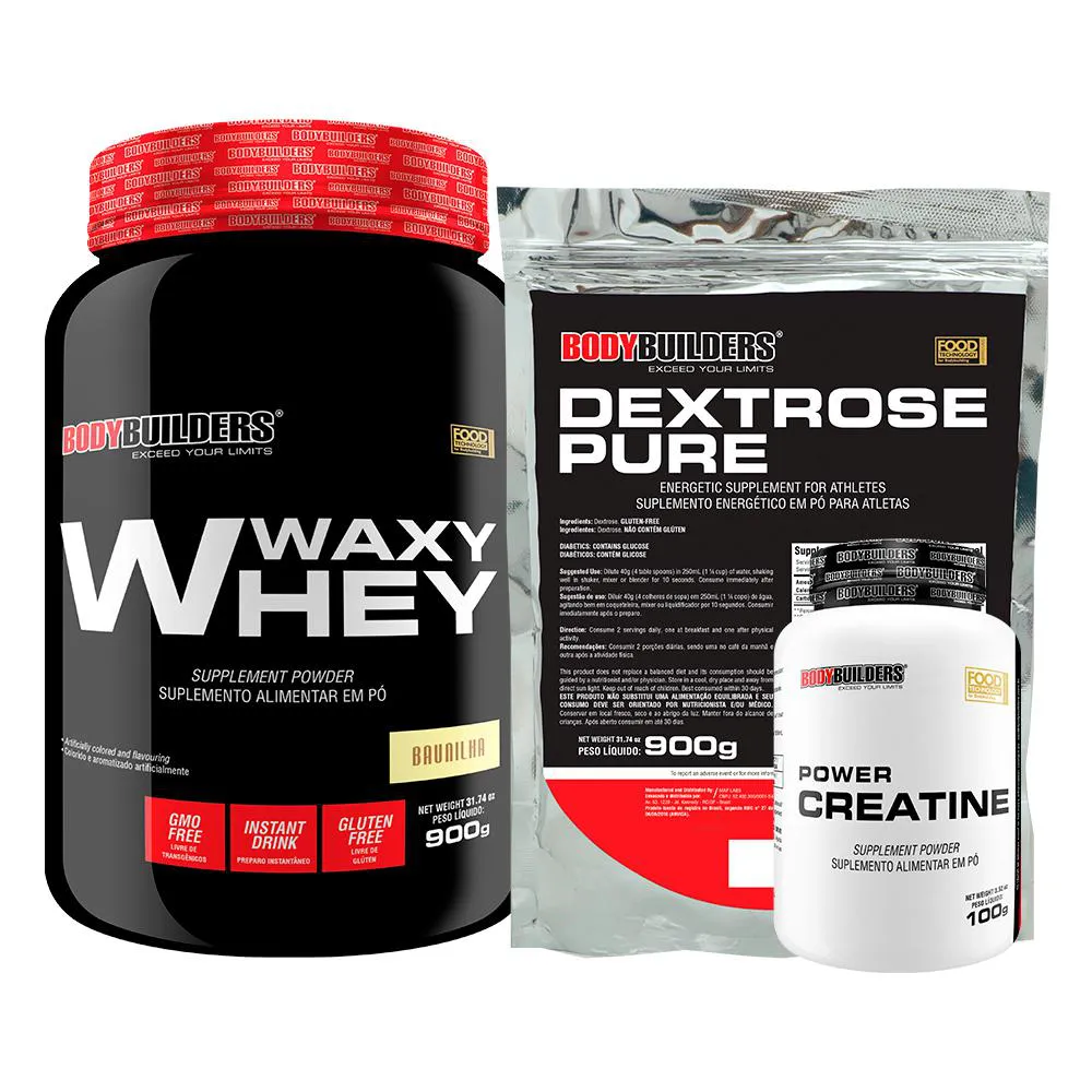 Kit Waxy Whey Protein 900g + Creatina 100g + Dextrose 900g - Bodybuilders Baunilha