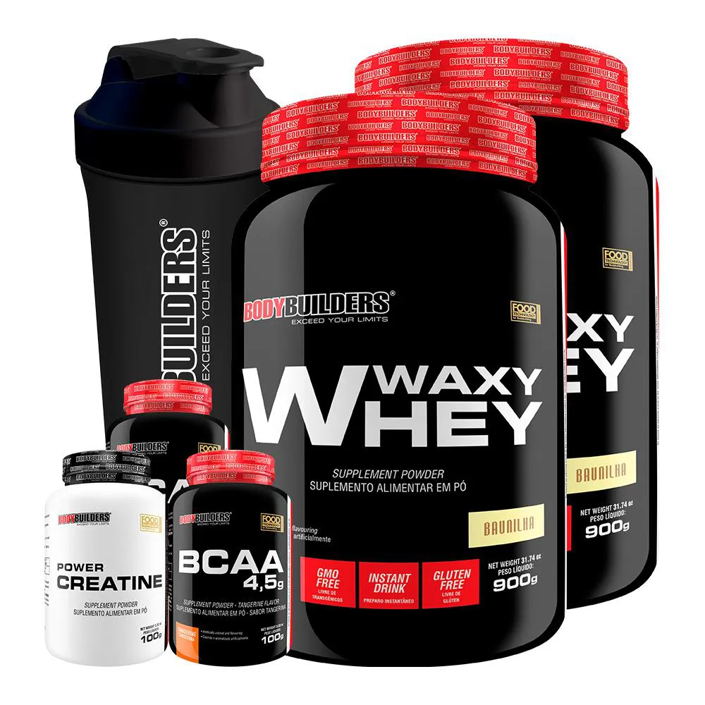 Kit 2x Waxy Whey 900g + 2x Bcaa 4.5 100g + Power Creatina 100g + Coqueteleira - Bodybuilders Baunilha