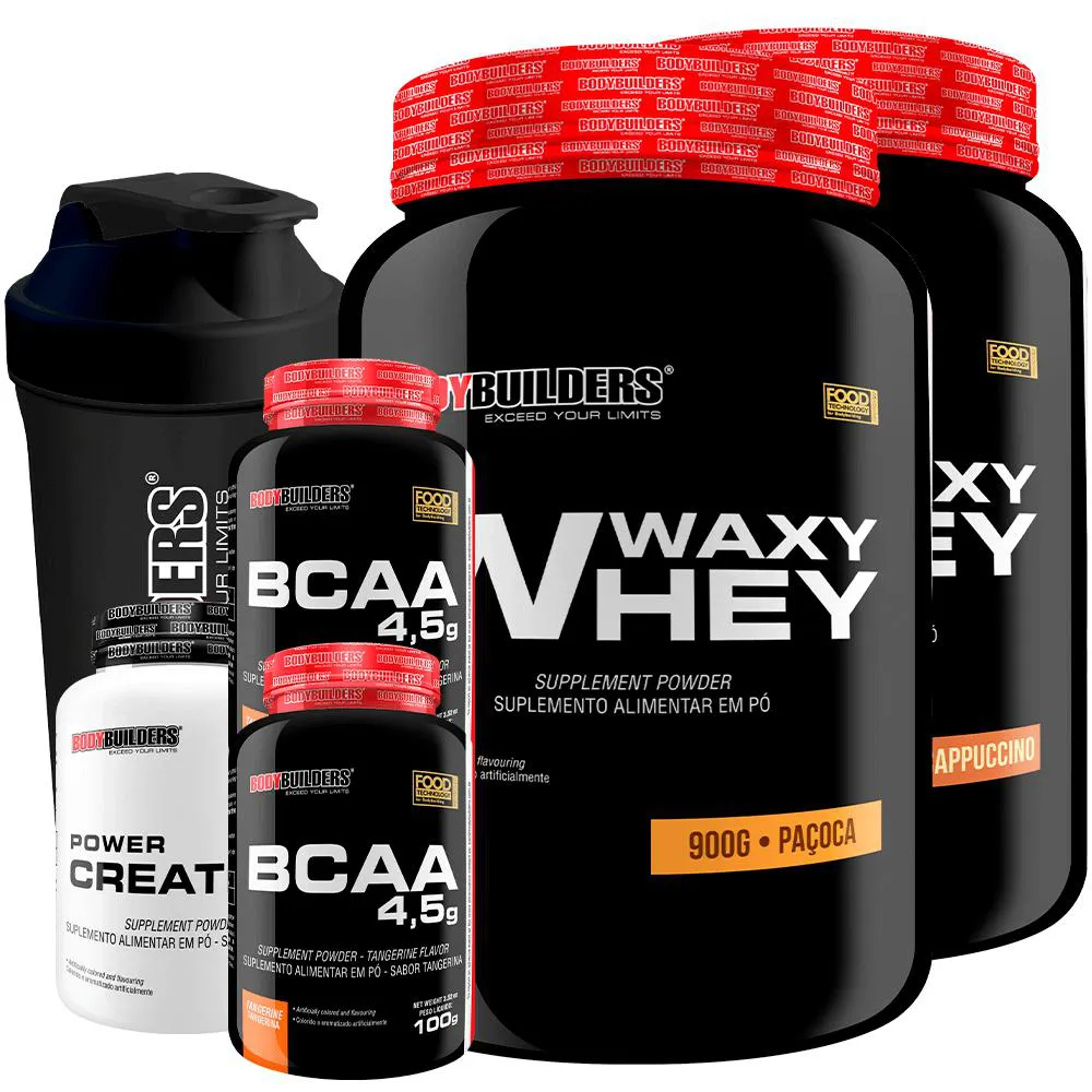Kit 2x Waxy Whey 900g + 2x Bcaa 4.5 100g + Power Creatina 100g + Coqueteleira - Bodybuilders Cappuccino e Paçoca
