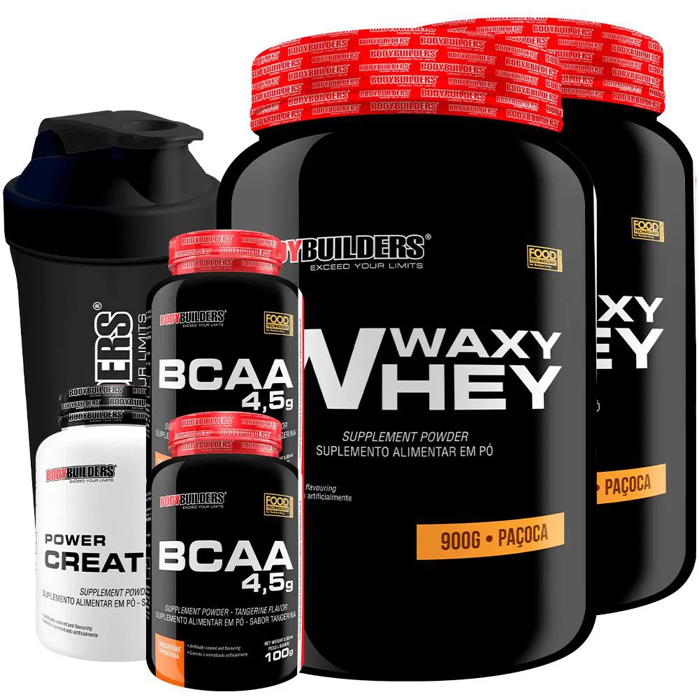 Kit 2x Waxy Whey 900g + 2x Bcaa 4.5 100g + Power Creatina 100g + Coqueteleira - Bodybuilders Paçoca