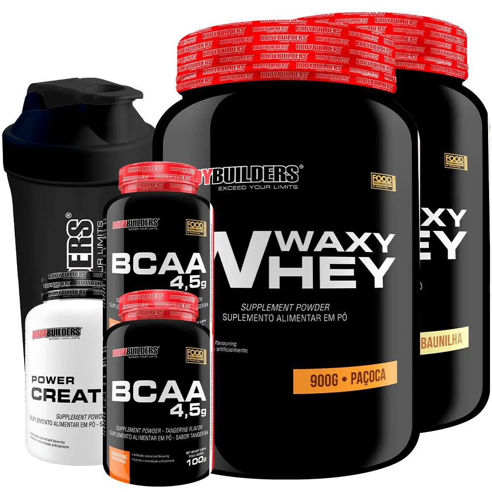 Kit 2x Waxy Whey 900g + 2x Bcaa 4.5 100g + Power Creatina 100g + Coqueteleira - Bodybuilders Baunilha e Paçoca