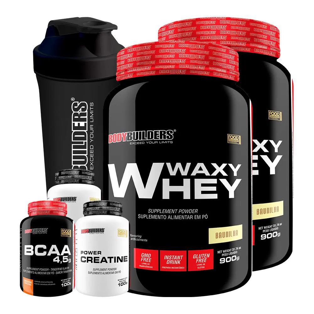 Kit 2x Waxy Whey 900g + Bcaa 4.5 100g + 2x Power Creatina 100g + Coqueteleira - Bodybuilders Baunilha