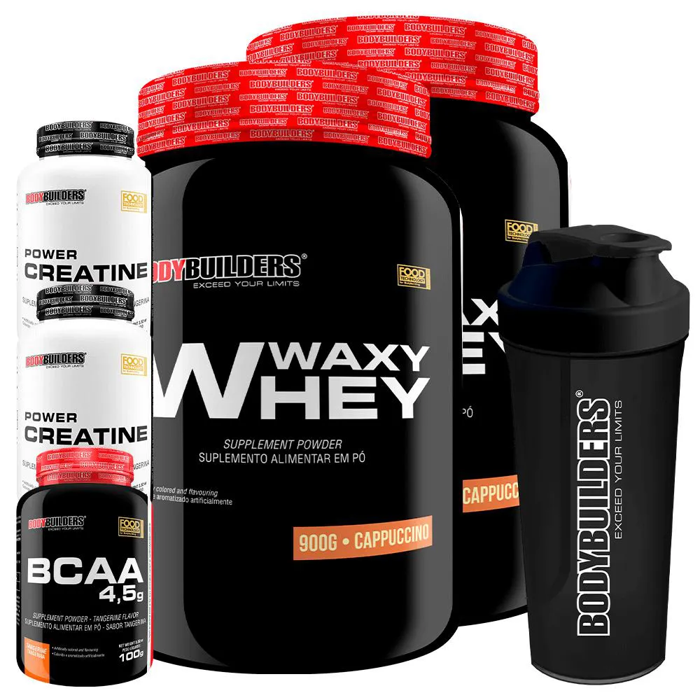 Kit 2x Waxy Whey 900g + Bcaa 4.5 100g + 2x Power Creatina 100g + Coqueteleira - Bodybuilders Cappuccino