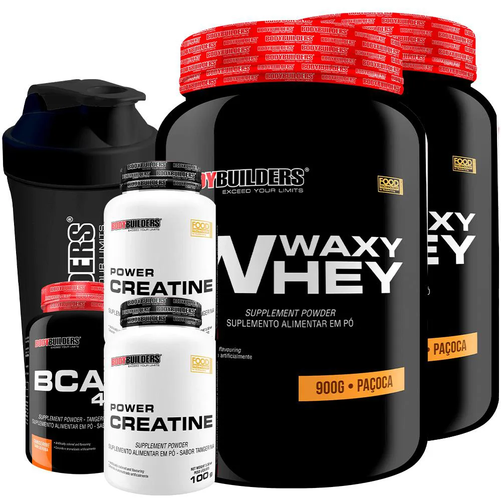 Kit 2x Waxy Whey 900g + Bcaa 4.5 100g + 2x Power Creatina 100g + Coqueteleira - Bodybuilders Paçoca