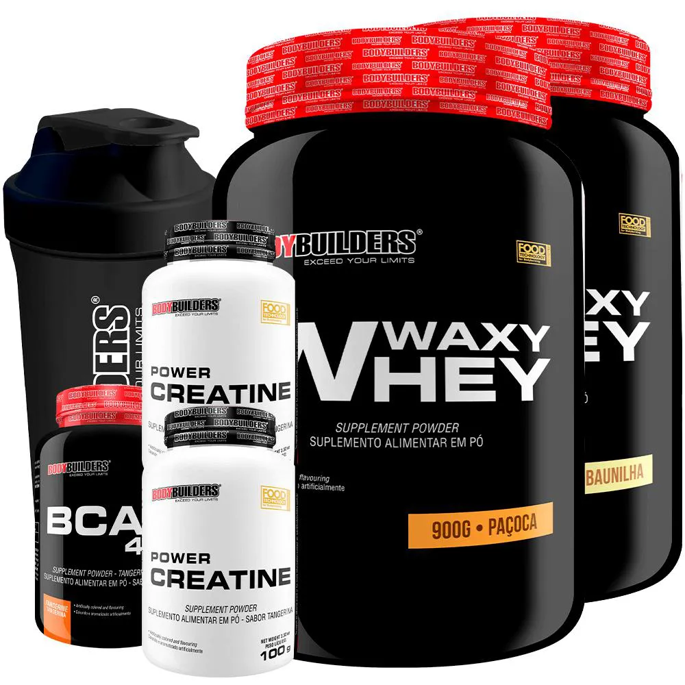 Kit 2x Waxy Whey 900g + Bcaa 4.5 100g + 2x Power Creatina 100g + Coqueteleira - Bodybuilders Baunilha e Paçoca