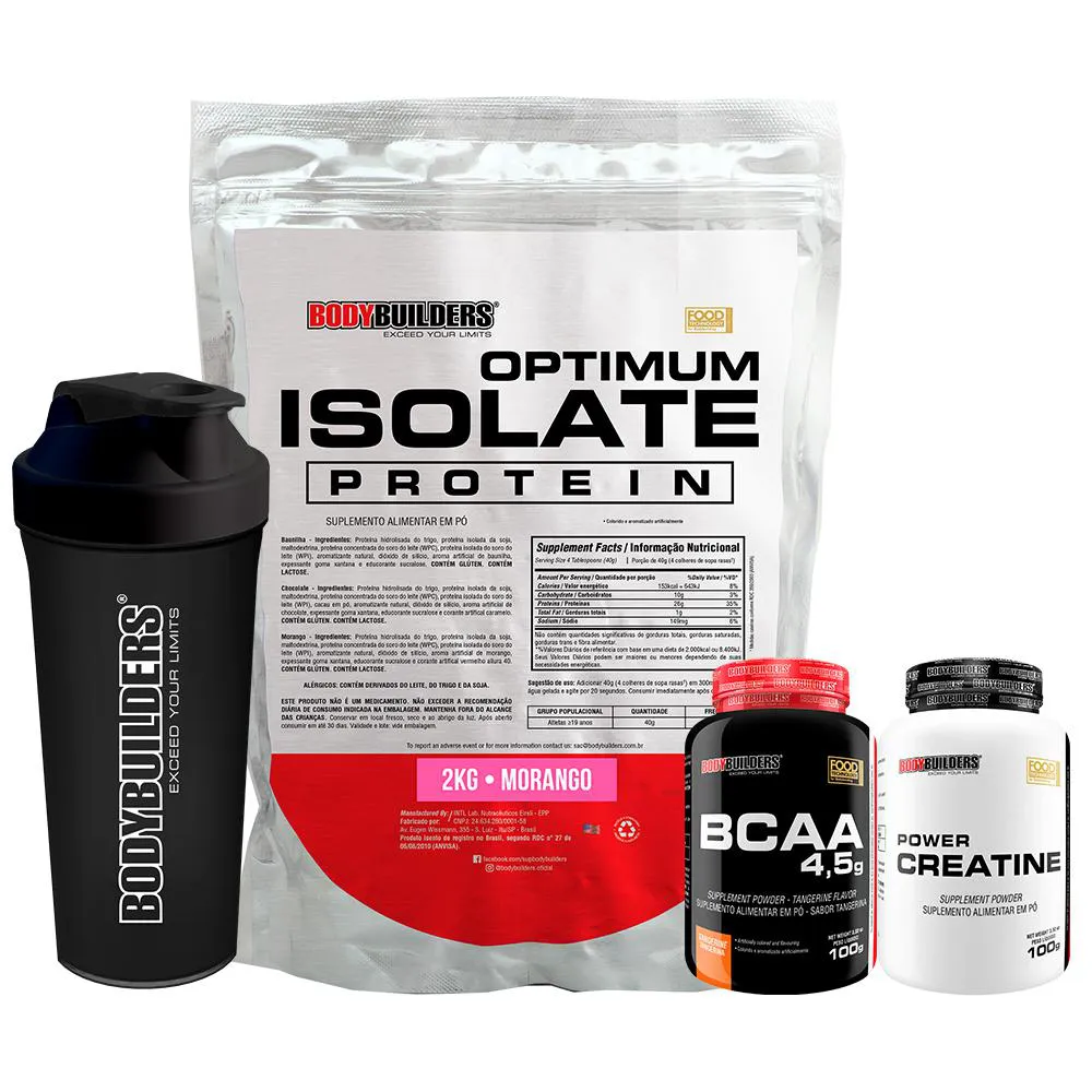 Kit Optimum Isolate Whey Protein 2kg + Bcaa 100g + Power Creatina 100g + Coqueteleira Sabor Morango - Bodybuilders
