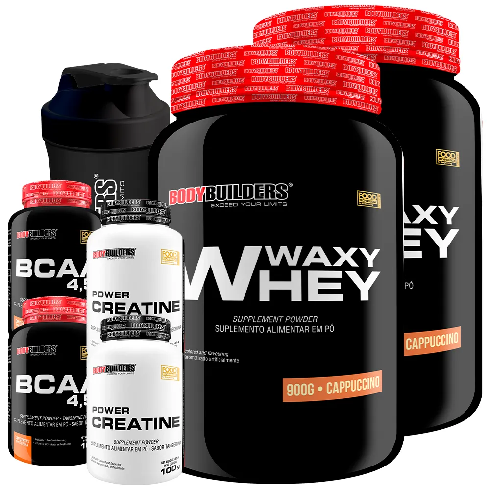 Kit 2x Waxy Whey 900g + 2x Bcaa 100g Tangerina + 2x Power Creatina 100g + Coq - Bodybuilders Cappuccino