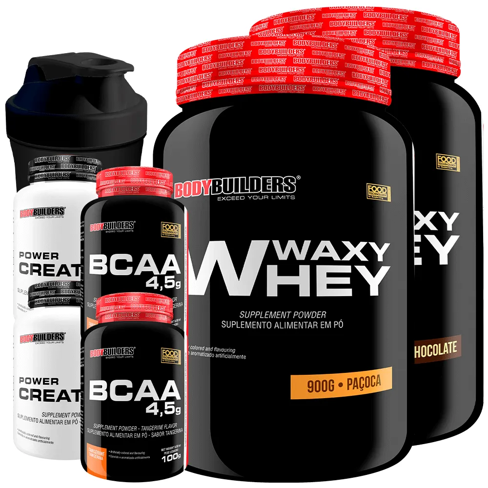 Kit 2x Waxy Whey 900g + 2x Bcaa 100g Tangerina + 2x Power Creatina 100g + Coq - Bodybuilders Chocolate e Paçoca