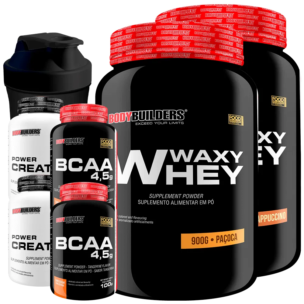 Kit 2x Waxy Whey 900g + 2x Bcaa 100g Tangerina + 2x Power Creatina 100g + Coq - Bodybuilders Cappuccino e Paçoca