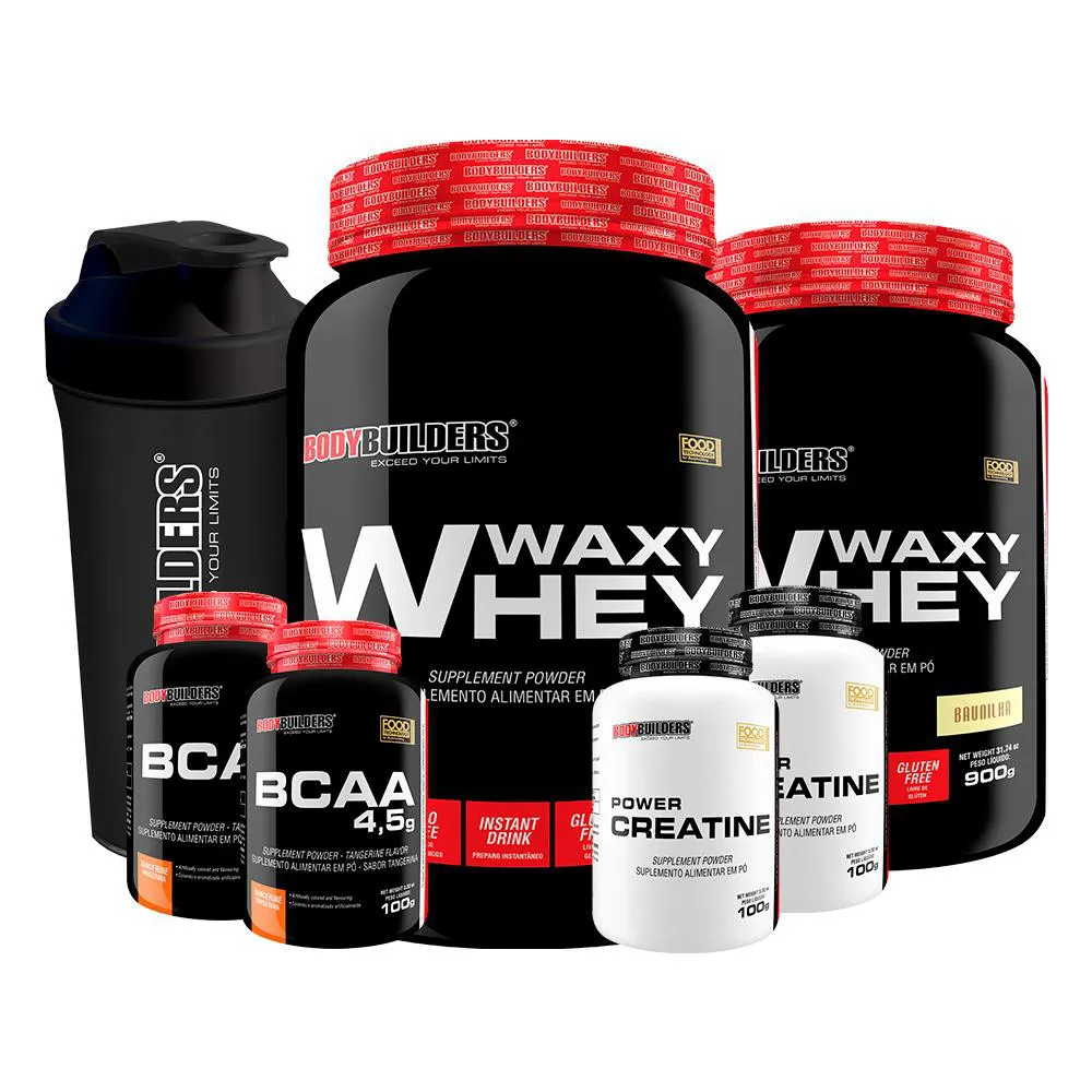 Kit 2x Waxy Whey 900g Sabor Baunilha + 2x Bcaa 100g Tangerina + 2x Power Creatina 100g + Coqueteleira - Bodybuilders