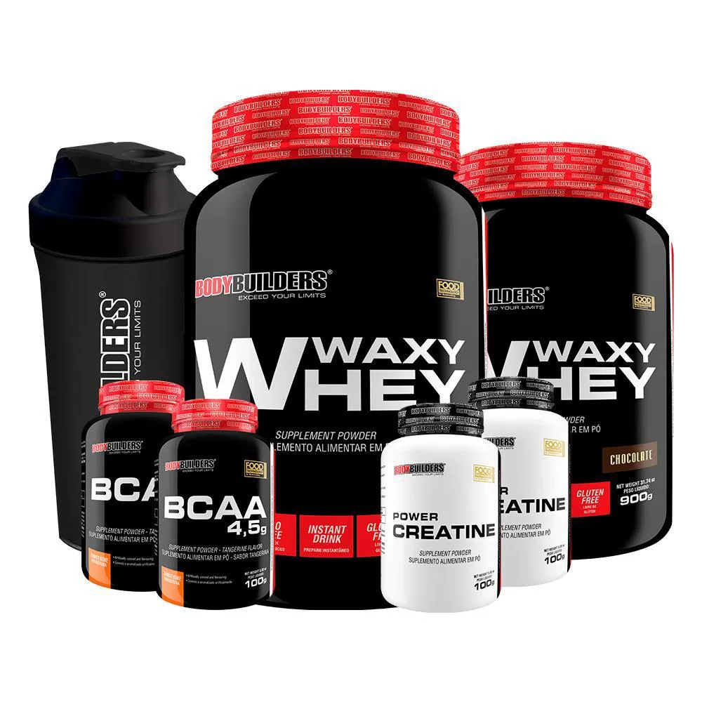 Kit 2x Waxy Whey 900g Sabor Chocolate e Morango + 2x Bcaa 100g Tangerina + 2x Power Creatina 100g + Coqueteleira - Bodybuilders