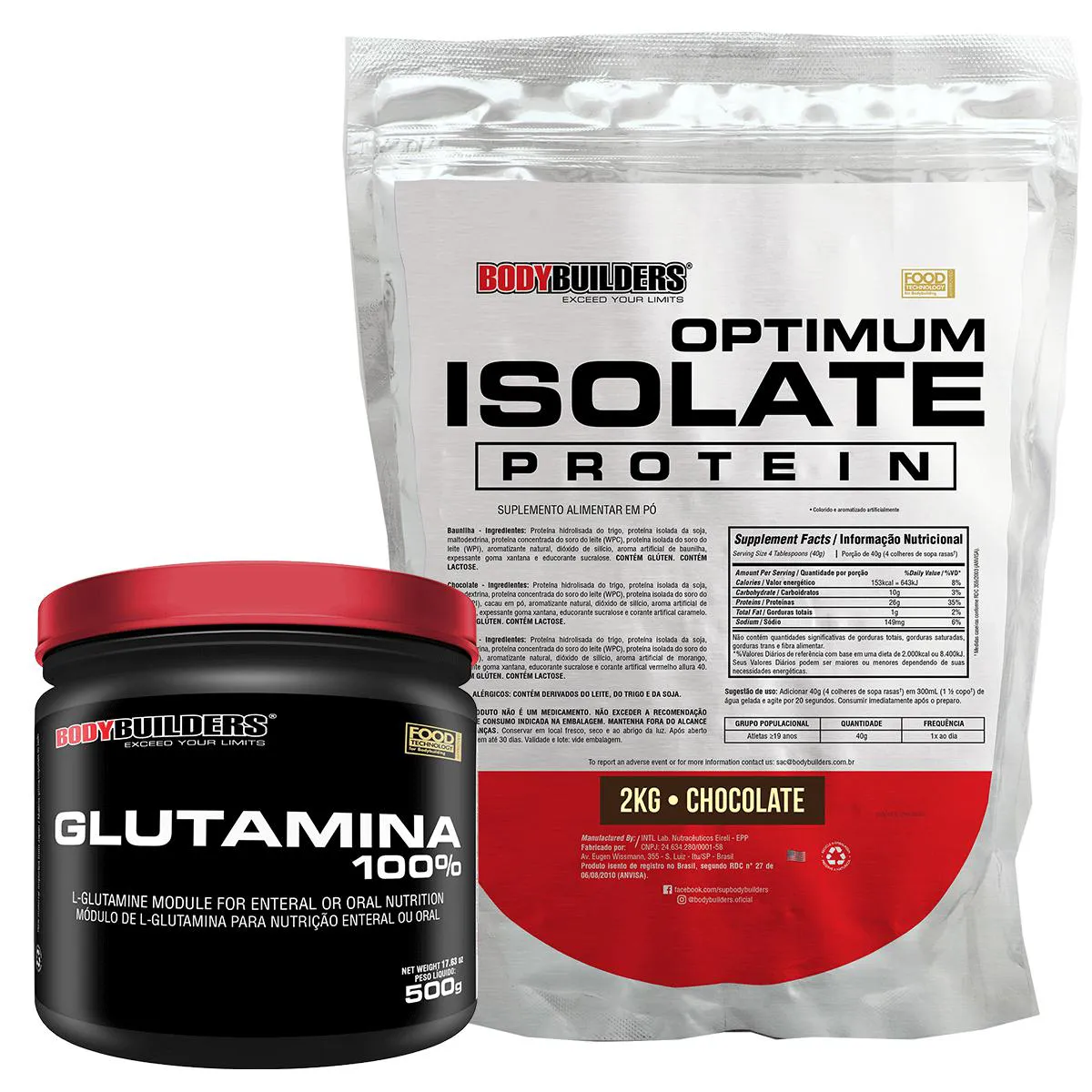 Kit Optimum Isolate Whey Protein 2kg + Glutamina 500g Sabor: Chocolate - Bodybuilders