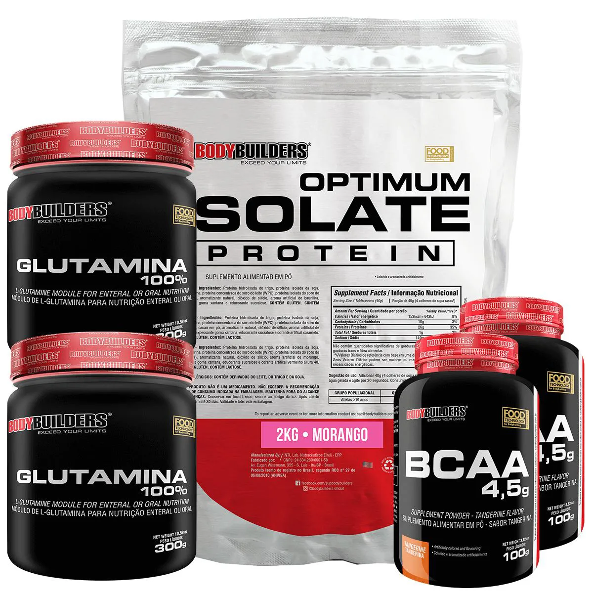 Kit Optimum Isolate Whey Protein 2kg + 2x Bcaa 100g + 2x Glutamina 300g Sabor Morango - Bodybuilders