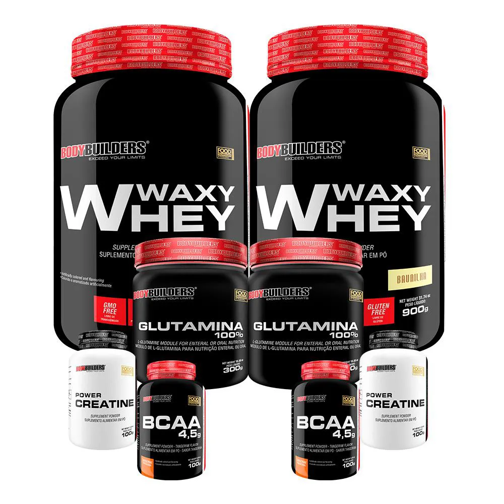 Kit 2x Waxy Whey 900g + 2x Power Creatina 100g + 2x Glutamina 300g + 2x Bcaa 4.5 100g - Bodybuilders Baunilha