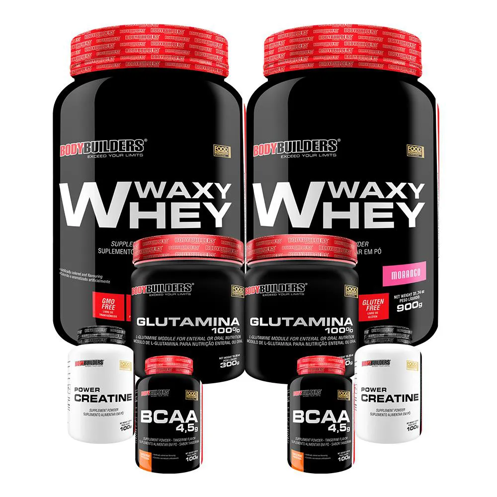 Kit 2x Waxy Whey 900g + 2x Power Creatina 100g + 2x Glutamina 300g + 2x Bcaa 4.5 100g - Bodybuilders Morango