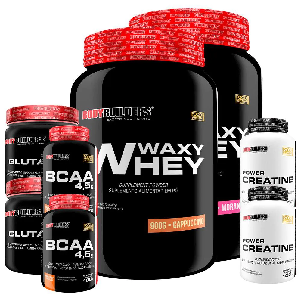Kit 2x Waxy Whey 900g + 2x Power Creatina 100g + 2x Glutamina 300g + 2x Bcaa 4.5 100g - Bodybuilders Morango e Cappuccino