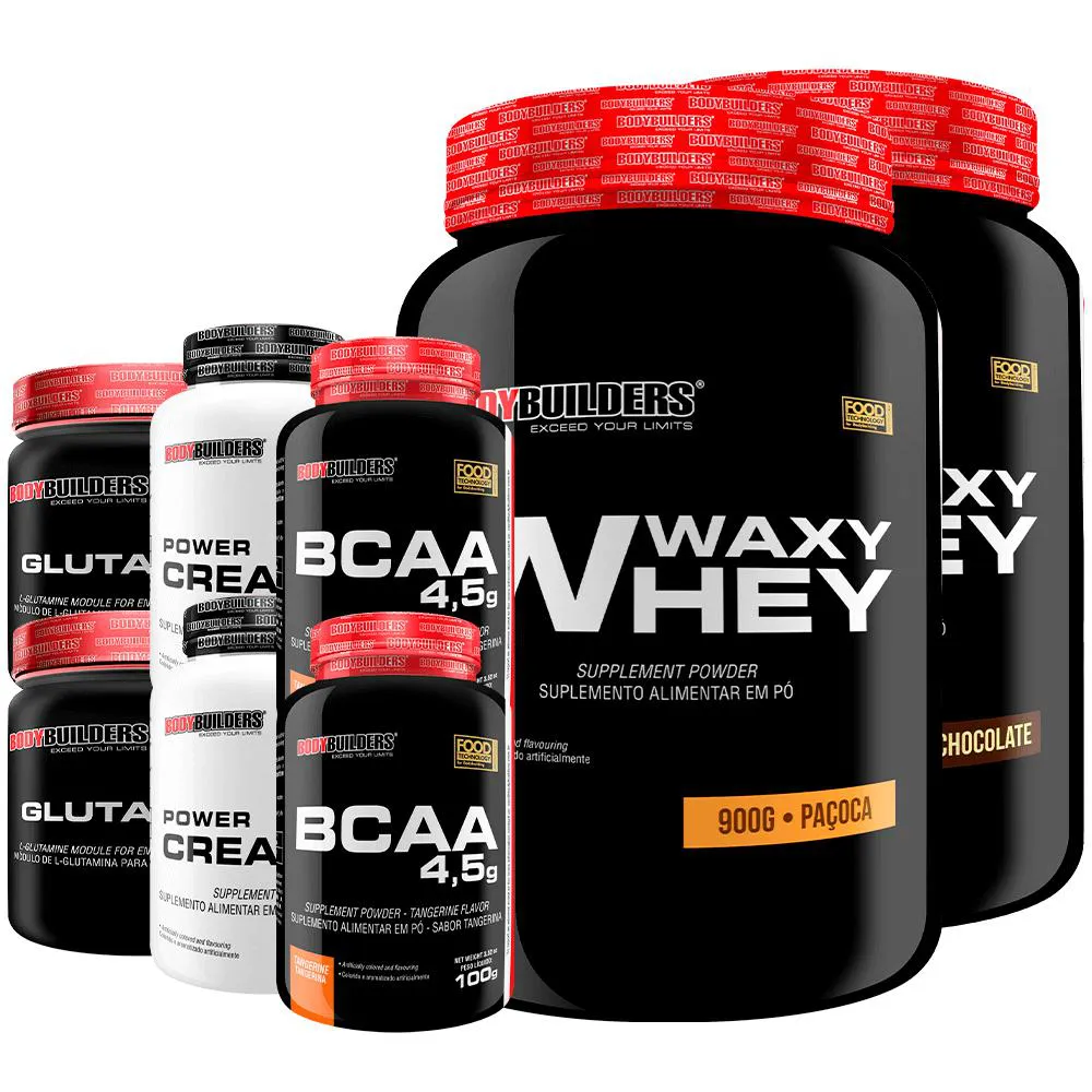 Kit 2x Waxy Whey 900g + 2x Power Creatina 100g + 2x Glutamina 300g + 2x Bcaa 4.5 100g - Bodybuilders Chocolate e Paçoca