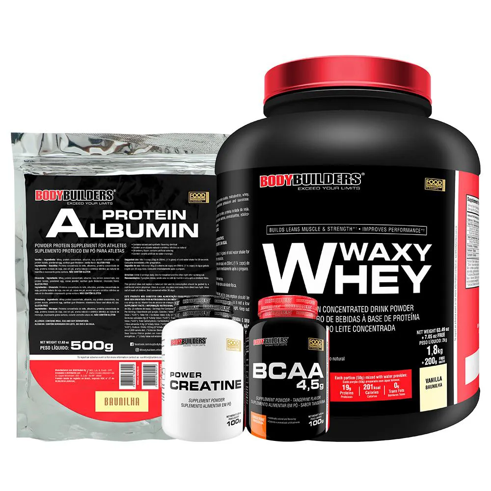 Kit BodyBuilders Whey Protein Waxy Whey Baunilha 2kg + BCAA Tangerina 100g + Creatina Power 100g