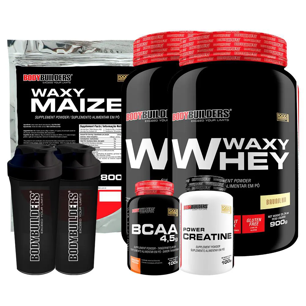 Kit 2x Waxy Whey 900g + Waxy Maize 800g + Power Creatina 100g + Bcaa 4.5 100g + 2x Coqueteleira - Bodybuilders Morango