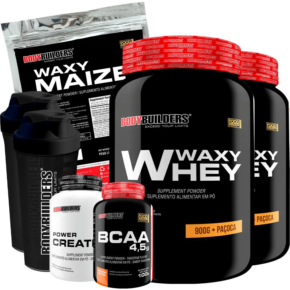 Kit 2x Waxy Whey 900g + Waxy Maize 800g + Power Creatina 100g + Bcaa 4.5 100g + 2x Coqueteleira - Bodybuilders Paçoca