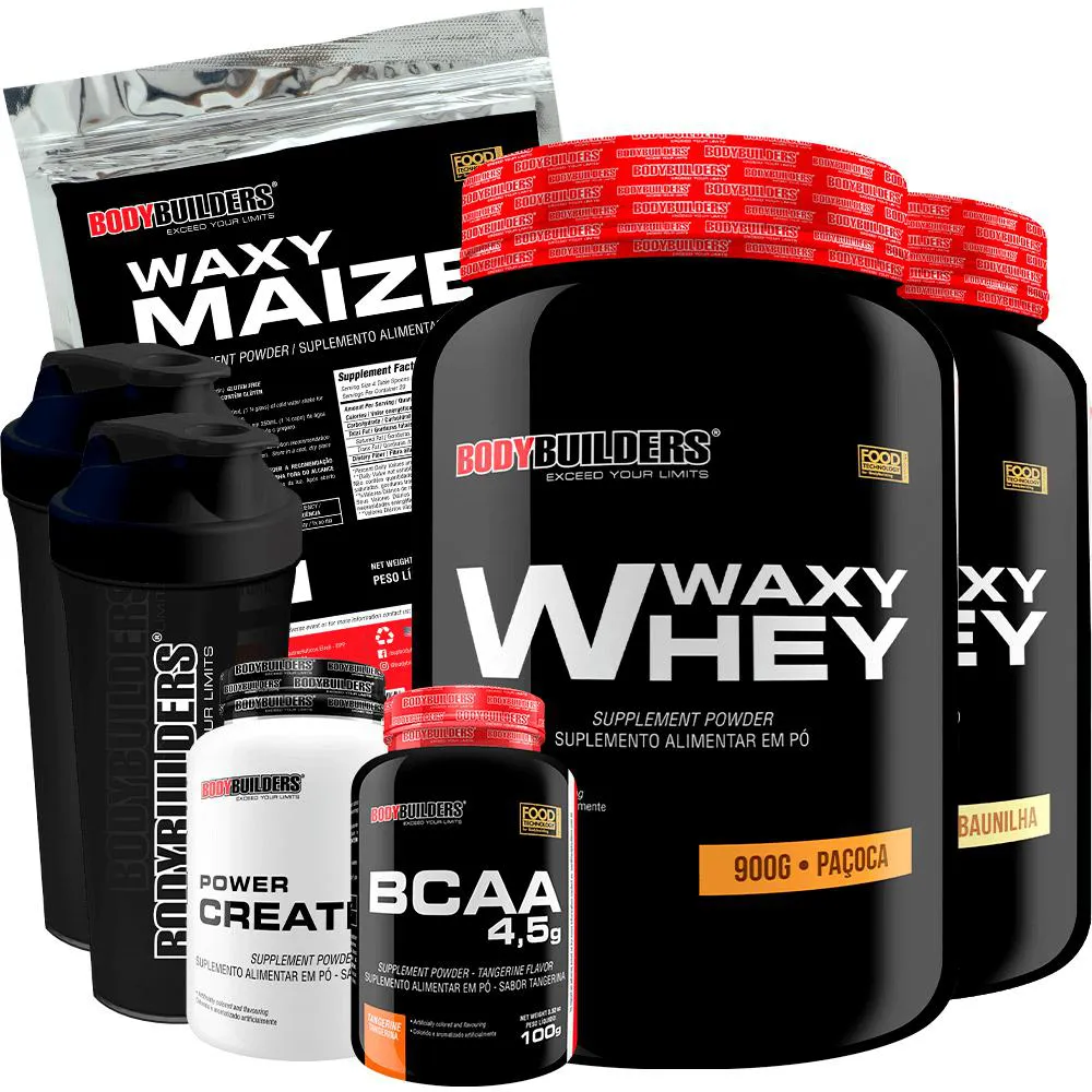 Kit 2x Waxy Whey 900g + Waxy Maize 800g + Power Creatina 100g + Bcaa 4.5 100g + 2x Coqueteleira - Bodybuilders Baunilha e Paçoca