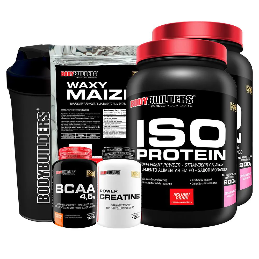 Kit 2x Iso Protein 900g + Bcaa 100g + Power Creatina 100g + Waxy Maize 800g + Coqueteleira - Sabor Morango Bodybuilders