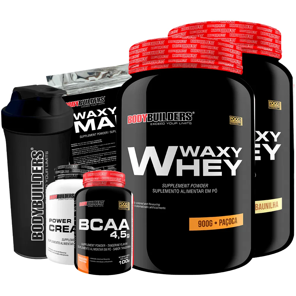 Kit 2x Waxy Whey 900g + Bcaa 100g + Power Creatine 100g + Waxy Maize 800g + Coq – Bodybuilders Baunilha e Paçoca