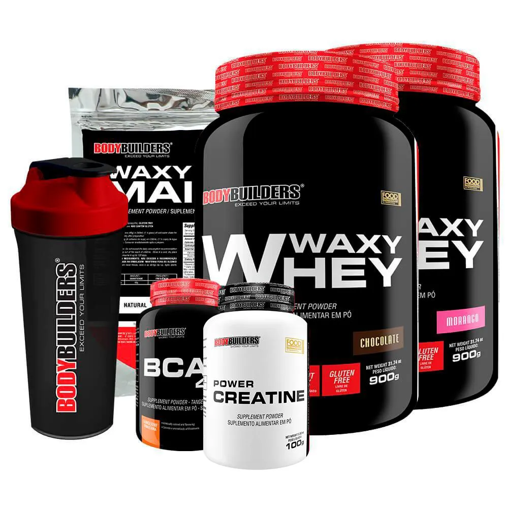 Kit 2x Waxy Whey 900g + Bcaa 100g + Power Creatine 100g + Waxy Maize 800g + Coq – Bodybuilders Morango
