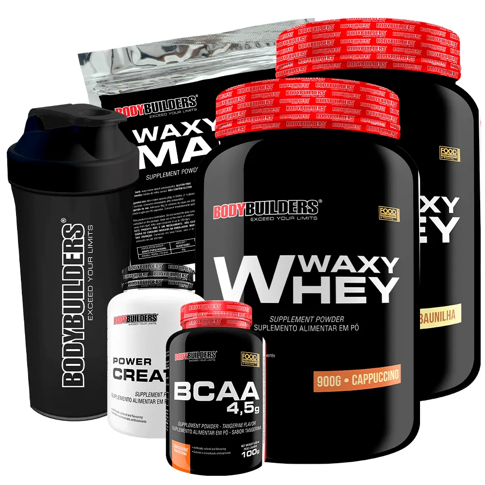 Kit 2x Waxy Whey 900g + Bcaa 100g + Power Creatine 100g + Waxy Maize 800g + Coq – Bodybuilders Baunilha e Cappuccino